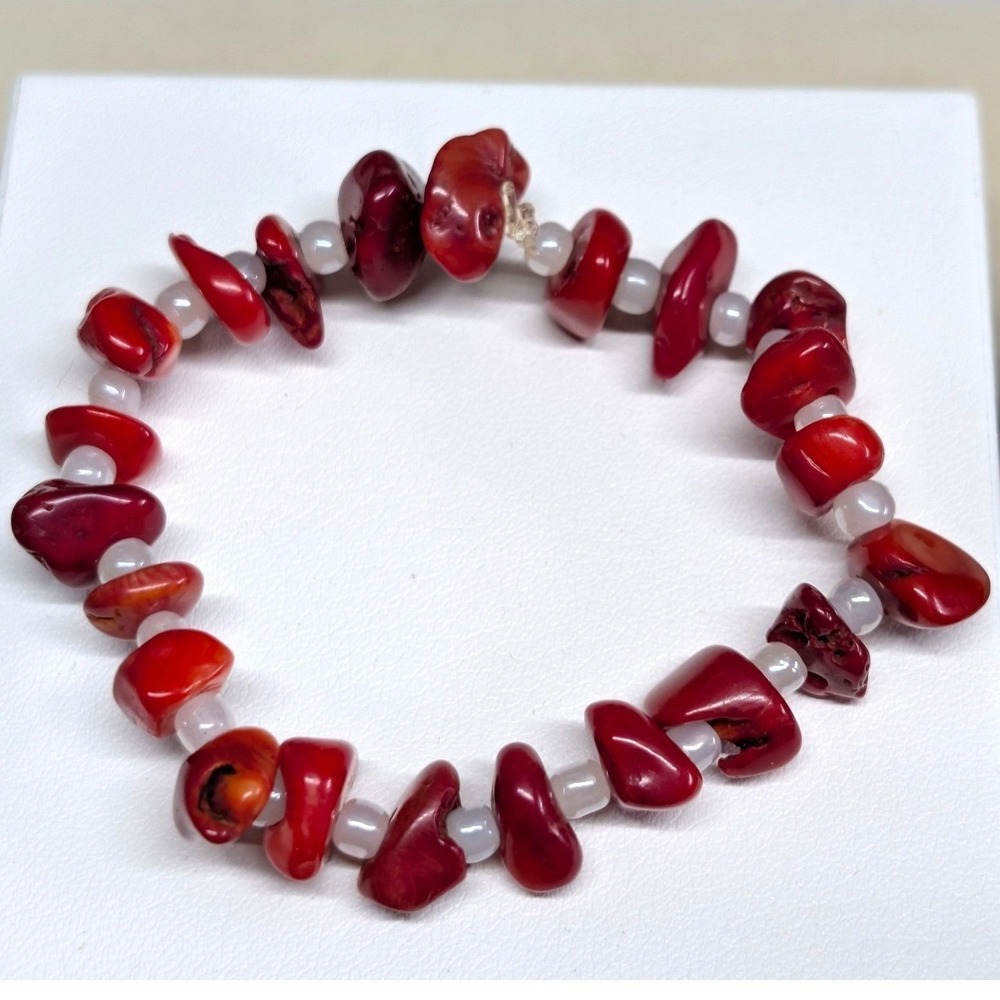 Red Coral ? Nugget Beaded Stretch Bracelet Boho Organic Natural Stone White Bead